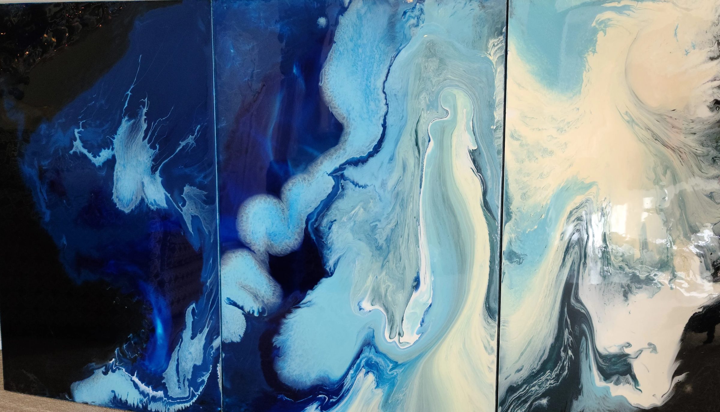 Lavish Awakening, abstract painting, 8 ft × 4 ft, three panels, resin and mixed media on canvas, by Joline Renn