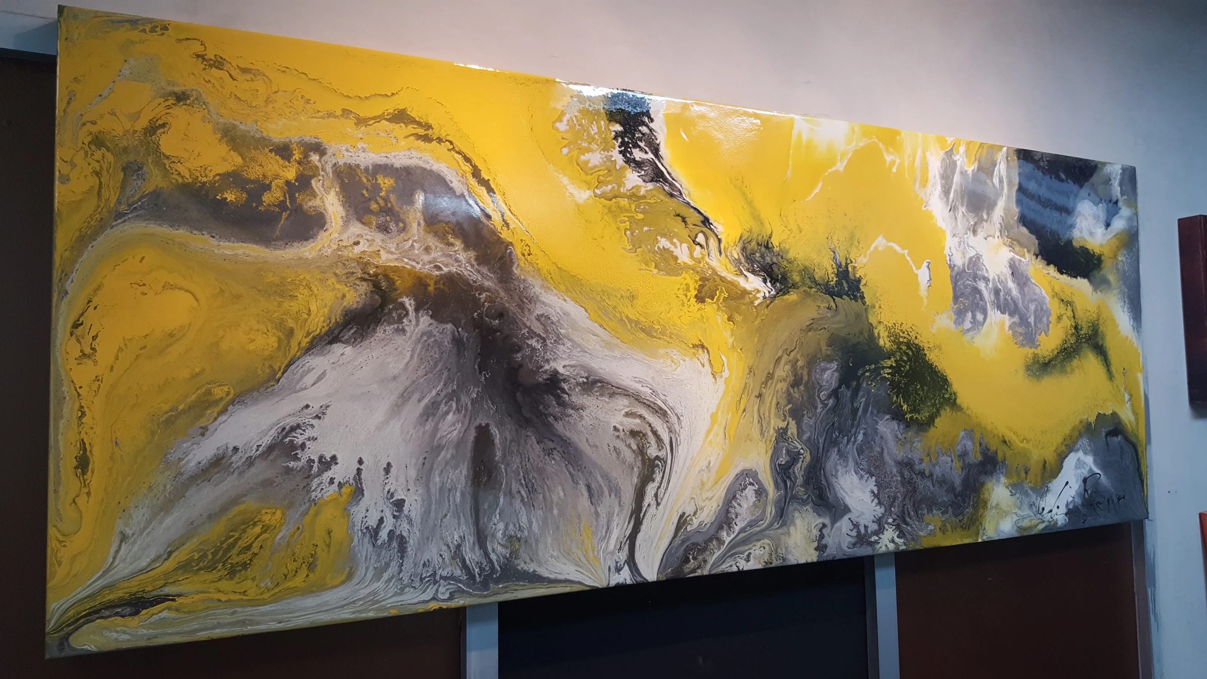 Energy Blossom, abstract painting, 3 ft × 7 ft, resin and mixed media on canvas, by Joline Renn