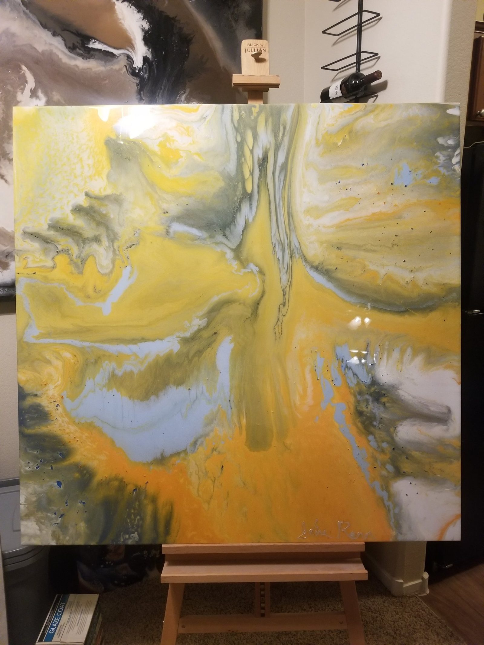 Secret, abstract painting, 4 ft × 4 ft, resin, enamel, metallic powders, oils, acrylic, lacquer and pigments, by Joline Renn
