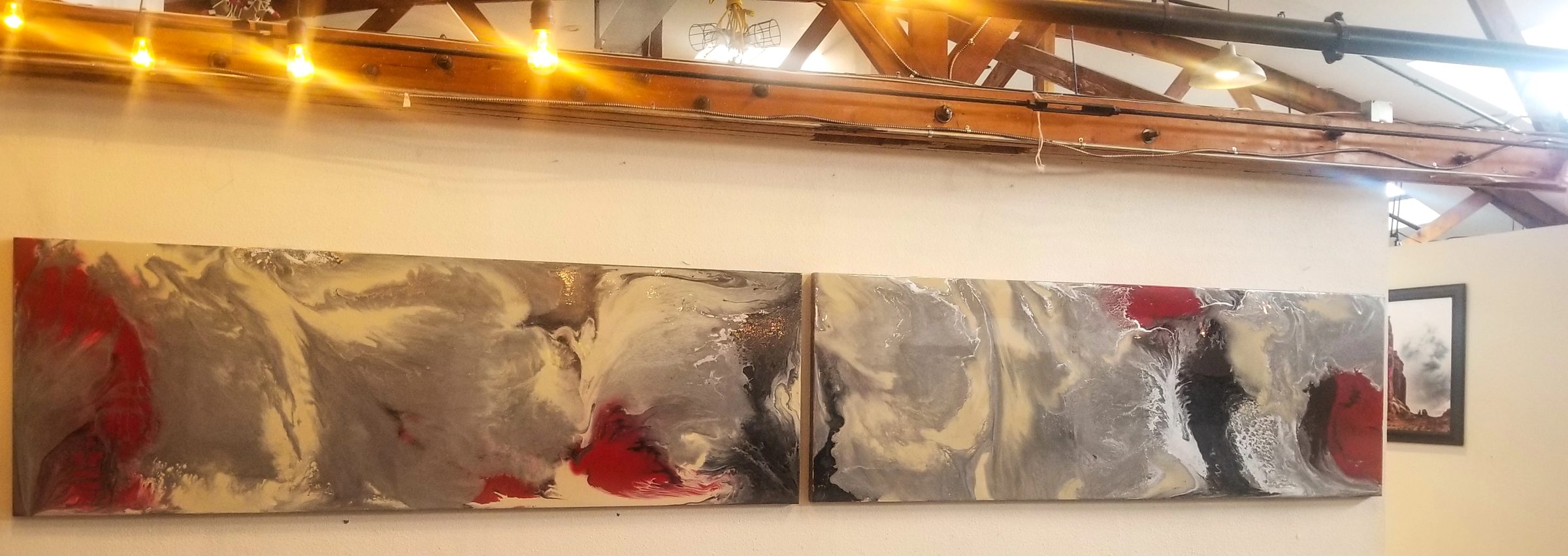 Causality (Diptych), abstract painting, 32 in × 16 ft, two panels, resin, enamel, metallic powders, oils, chalk and acrylic on wood, by Joline Renn