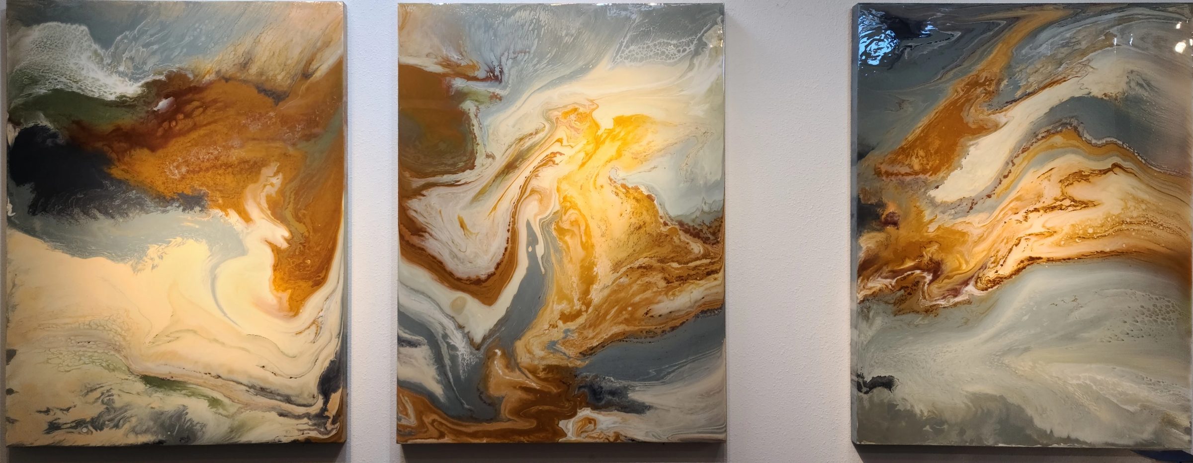 Serene Triptych, abstract painting, 4 ft × 11 ft, three panels, mixed media on canvas, by Joline Renn