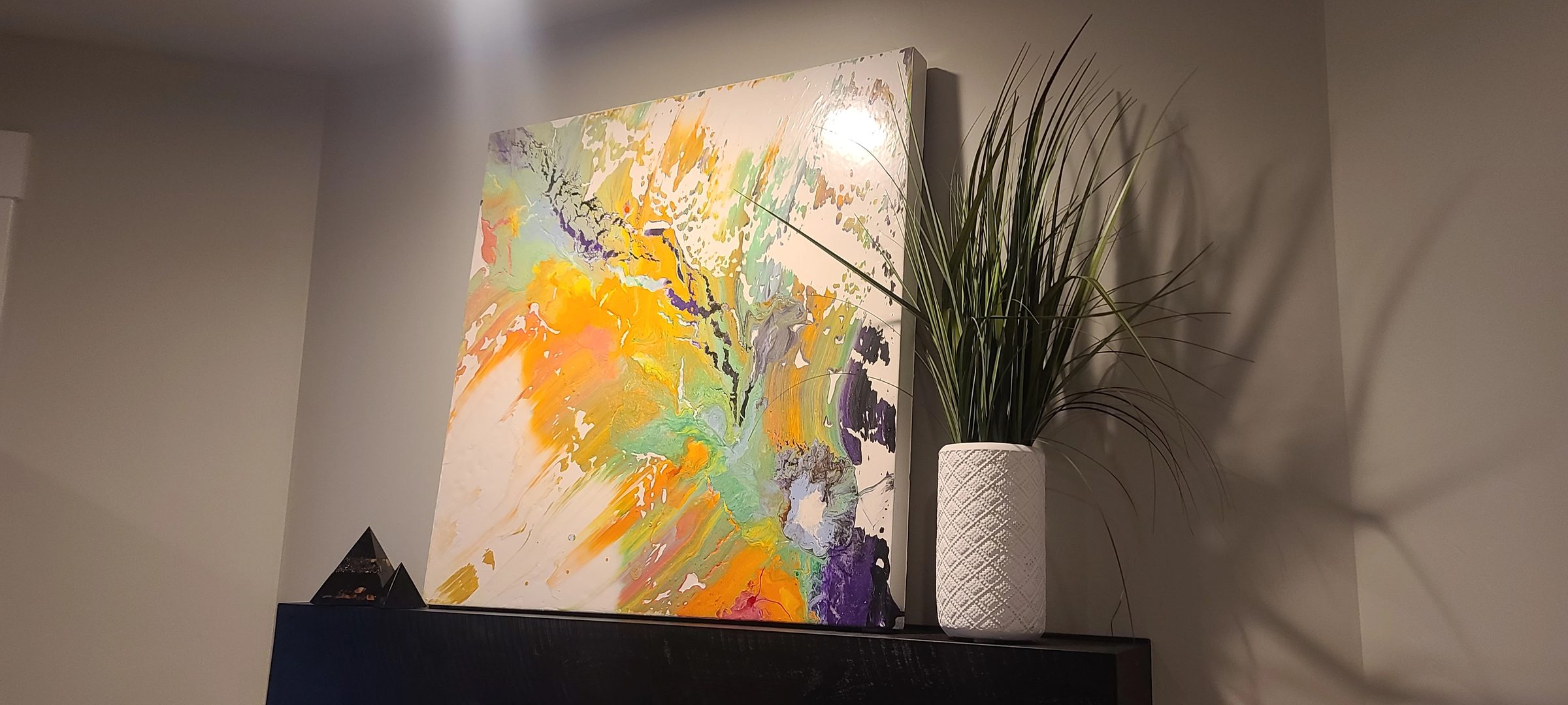 Citrus Vibe, abstract painting, 4 ft × 4 ft, mixed media on canvas, by Joline Renn