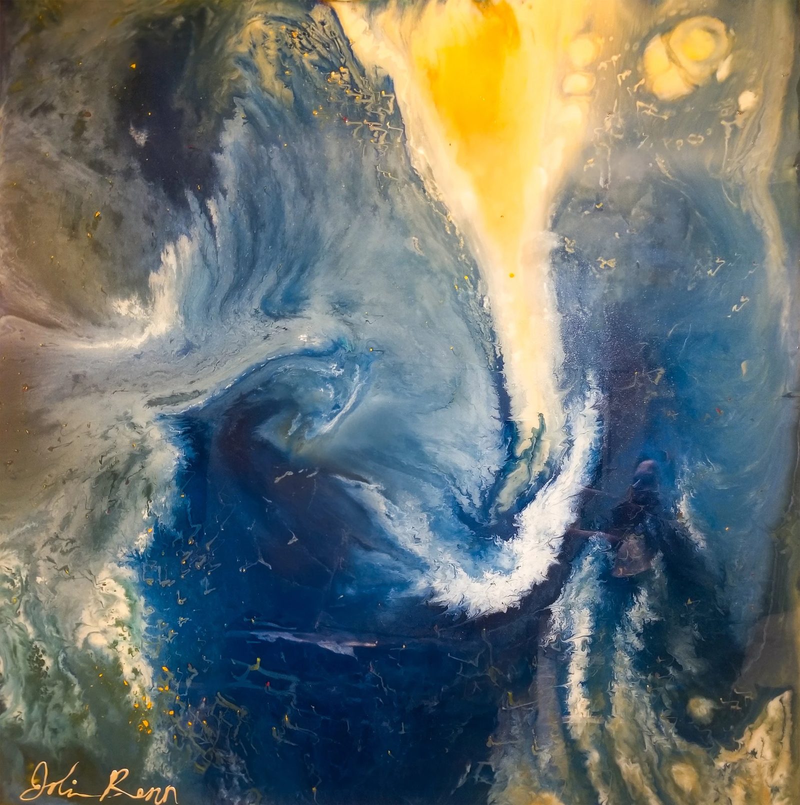 Atlantis, abstract painting, 4 ft × 4 ft, resin and mixed media on canvas, by Joline Renn