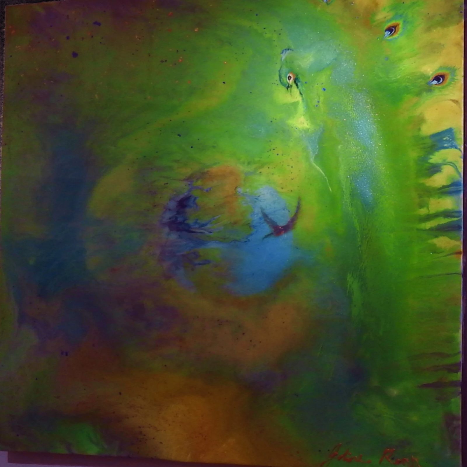 Peacock Spirit, abstract painting, 4 ft × 4 ft, resin, oils and acrylics on canvas, by Joline Renn