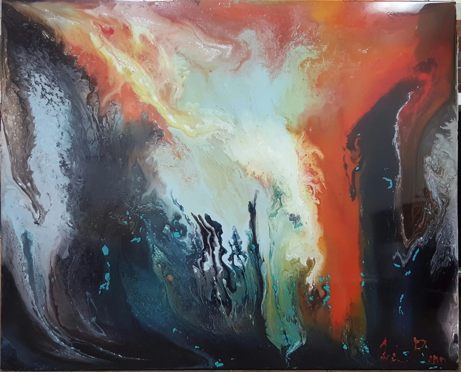Evolution, abstract painting, 5 ft × 6 ft, mixed media, resin, enamel, metallic powders, oils, chalk, acrylic, lacquer and pigments, by Joline Renn
