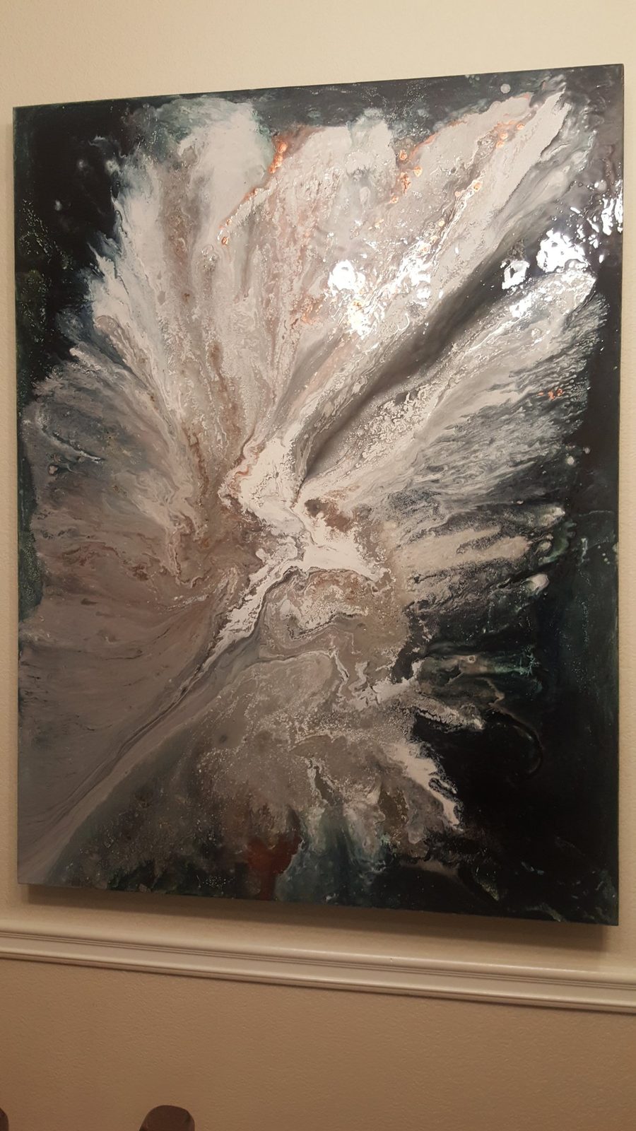 Free Spirit, abstract painting, 3 ft × 4 ft, resin, enamel, metallic powders, oils, chalk, acrylic, lacquer and pigments, by Joline Renn