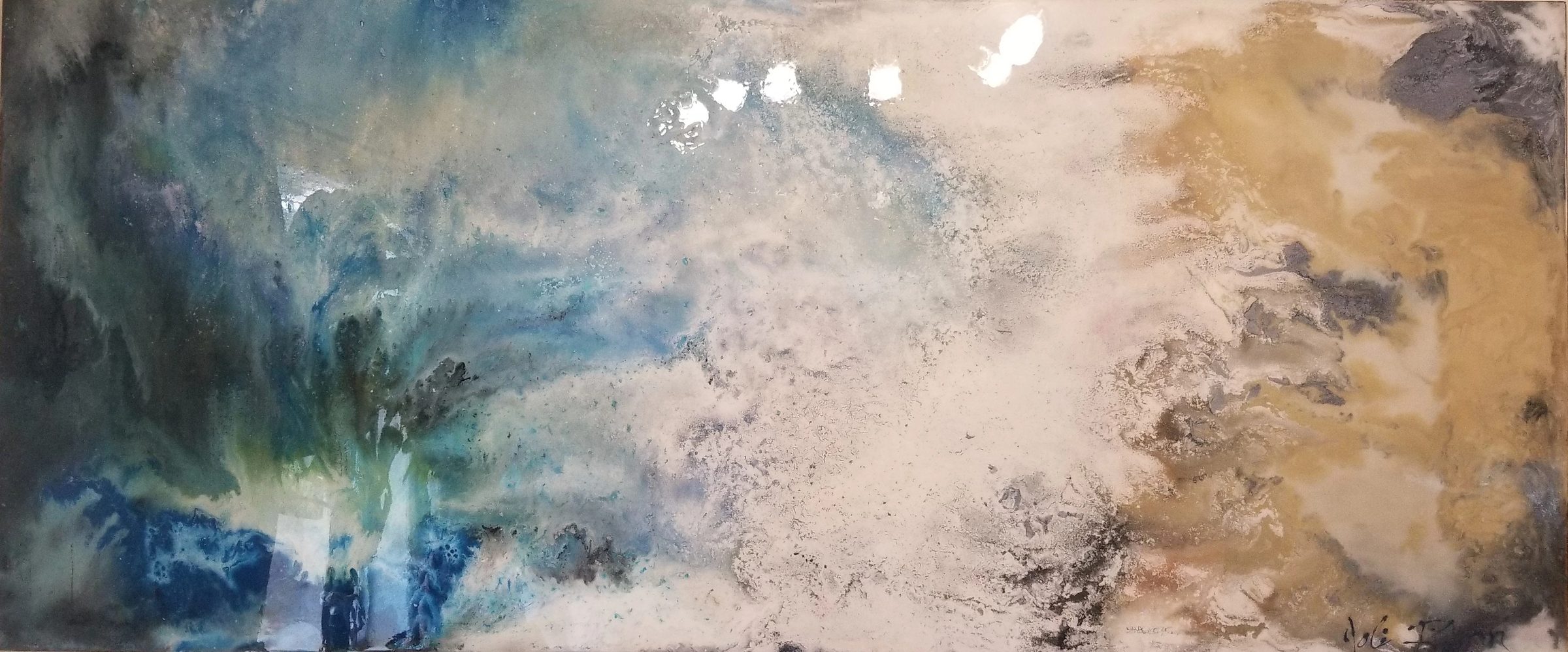 Sentinel Tide, abstract painting, 3 ft × 7 ft, mixed media, resin, enamel, metallic powders, oils, chalk, acrylic, lacquer and pigments, by Joline Renn