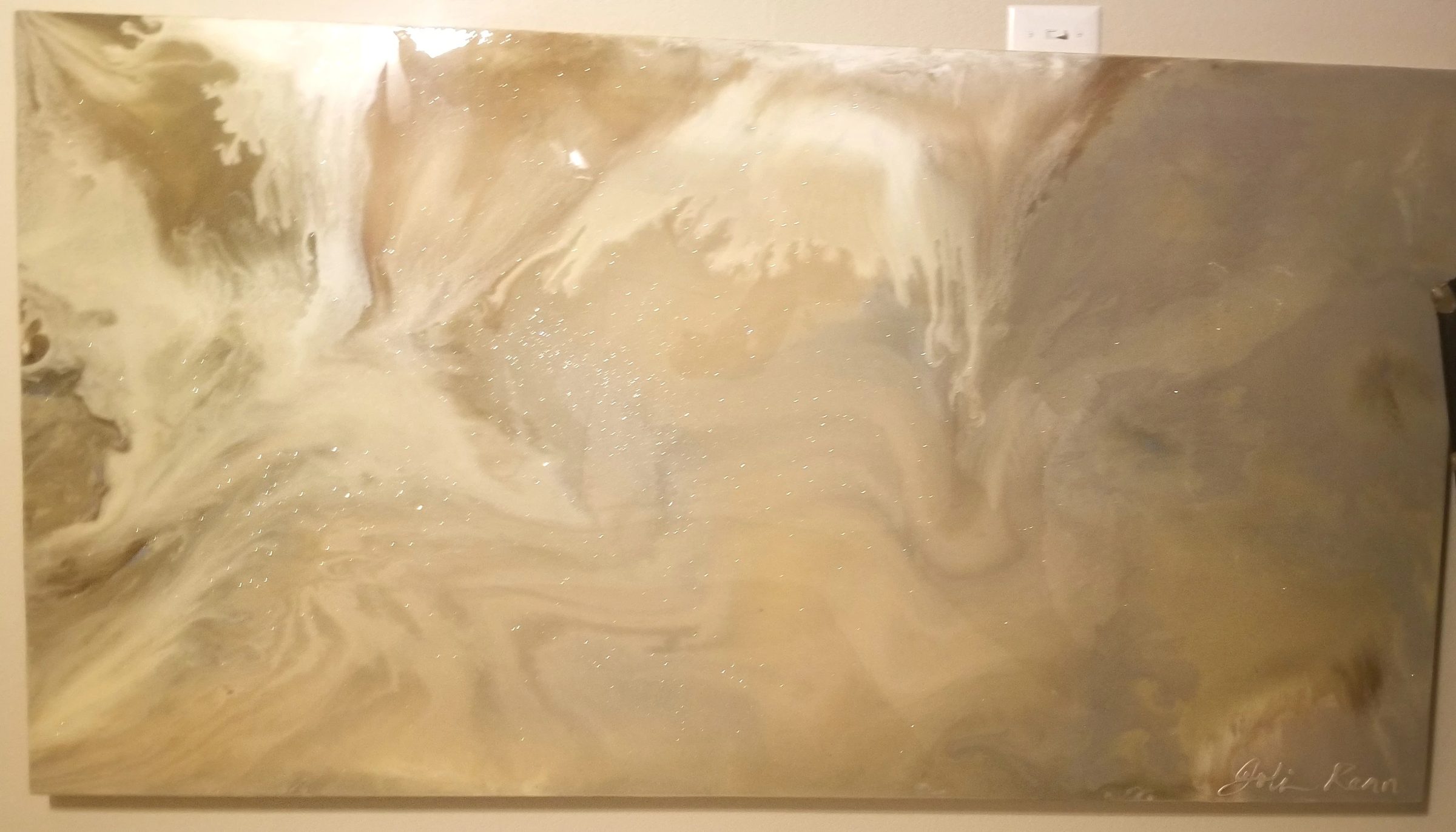 In the Mist, abstract painting, 36 in × 67.5 in, mixed media, resin, enamel, metallic powders, oils, acrylic, lacquer and pigments, by Joline Renn