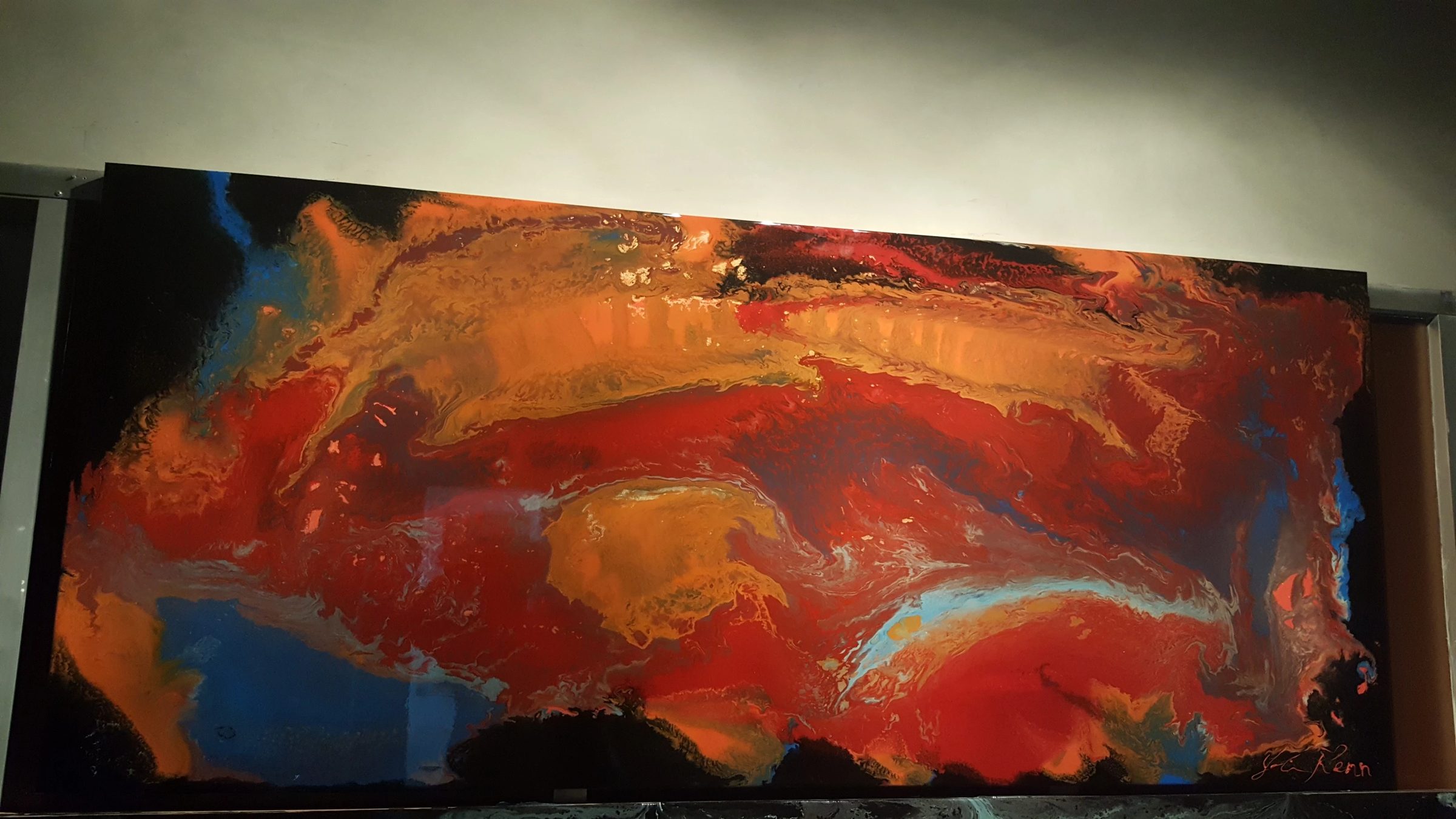 Into the Deep, abstract painting, 3.5 ft × 8 ft, resin and mixed media on canvas, by Joline Renn
