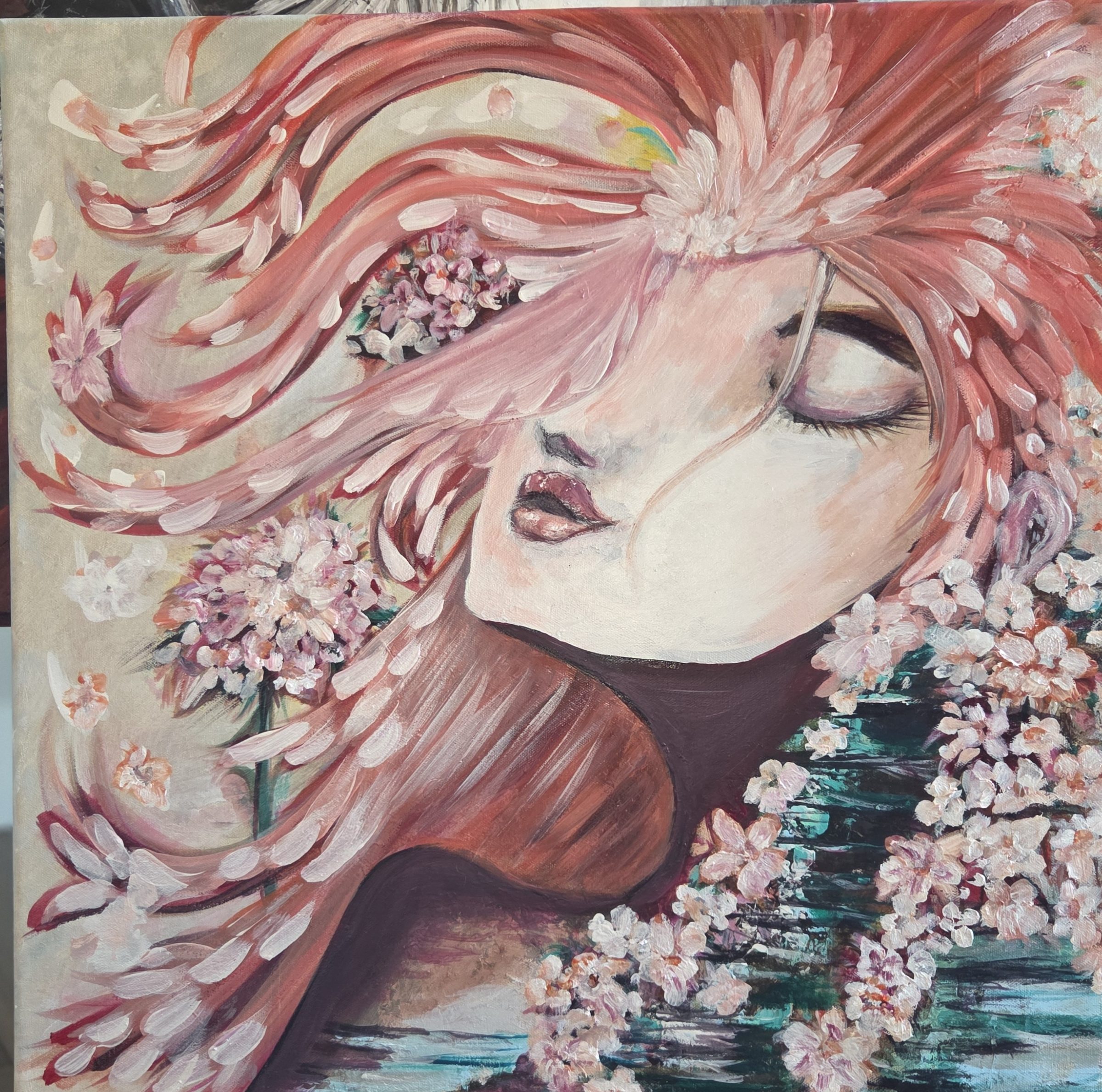 Island Goddess, abstract painting, 12 in × 12 in, oil on canvas, by Joline Renn