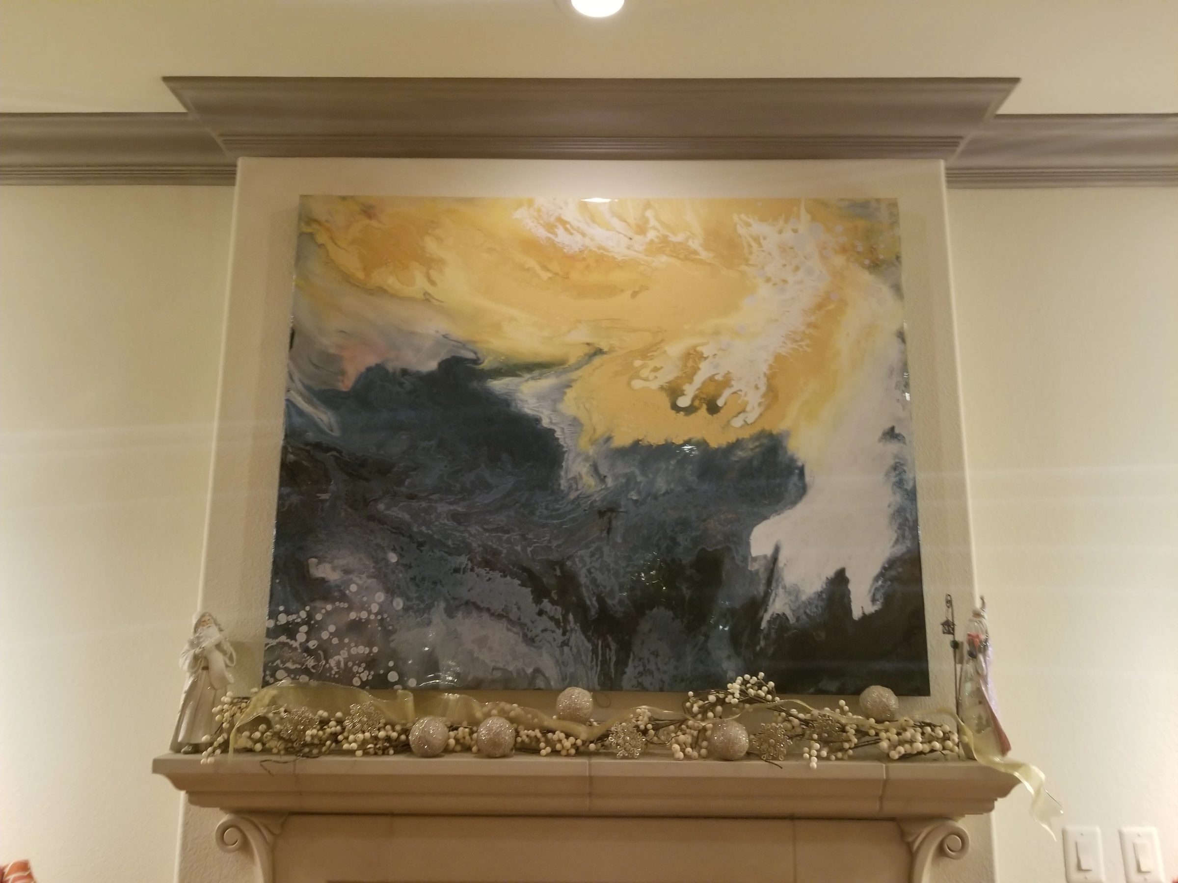 Kuda Huraa, abstract painting, 5 ft × 6 ft, mixed media, resin, enamel, metallic powders, oils, chalk, acrylic, lacquer and pigments, by Joline Renn