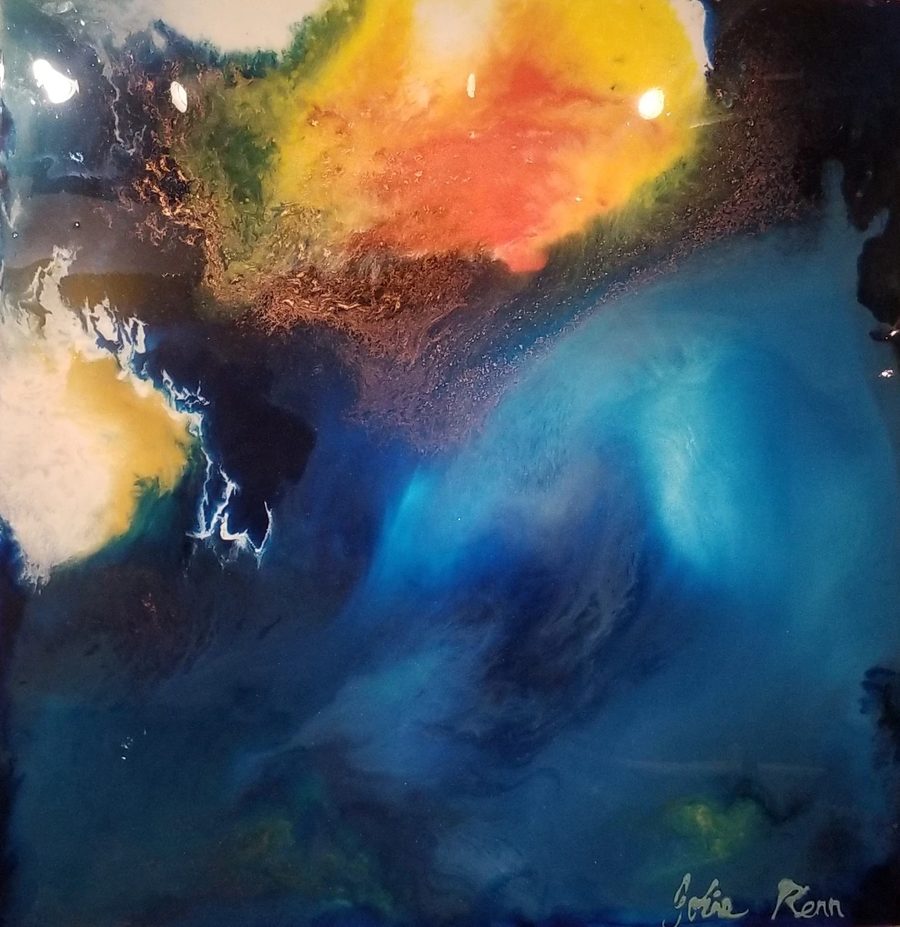 La Cave, abstract painting, 4 ft × 4 ft, resin and mixed media on canvas, by Joline Renn