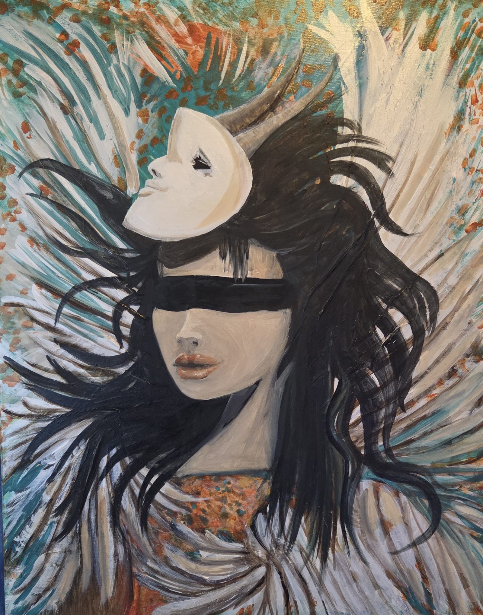 The Masked Fox, abstract painting, 16 in × 20 in, oil on canvas, by Joline Renn