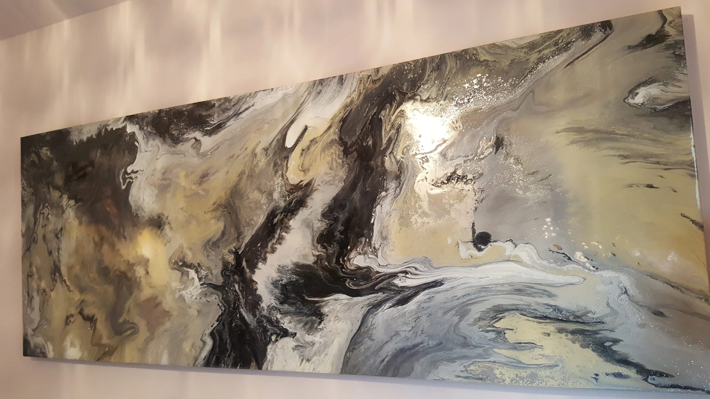 Oblivion, abstract painting, 3 ft × 7 ft, mixed media, resin, enamel, metallic powders, oils, chalk, acrylic, lacquer and pigments, by Joline Renn