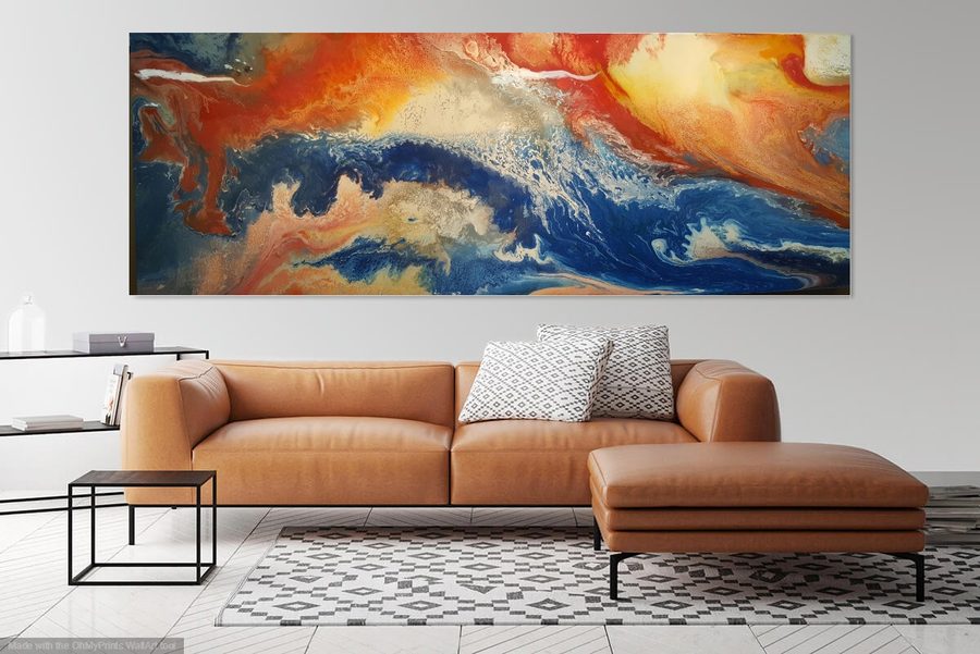 Odyssey, abstract painting, 3 ft × 7 ft, resin and mixed media on canvas, by Joline Renn