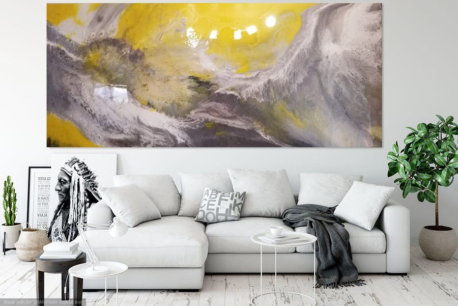 Majestic, abstract painting, 3 ft × 7 ft, resin, enamel, metallic powders, oils, chalk, acrylic, lacquer and pigments, by Joline Renn