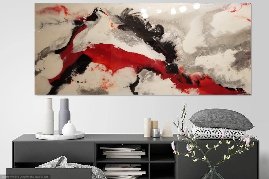 Red Chakra, abstract painting, 3 ft × 7 ft, resin and mixed media on canvas, by Joline Renn