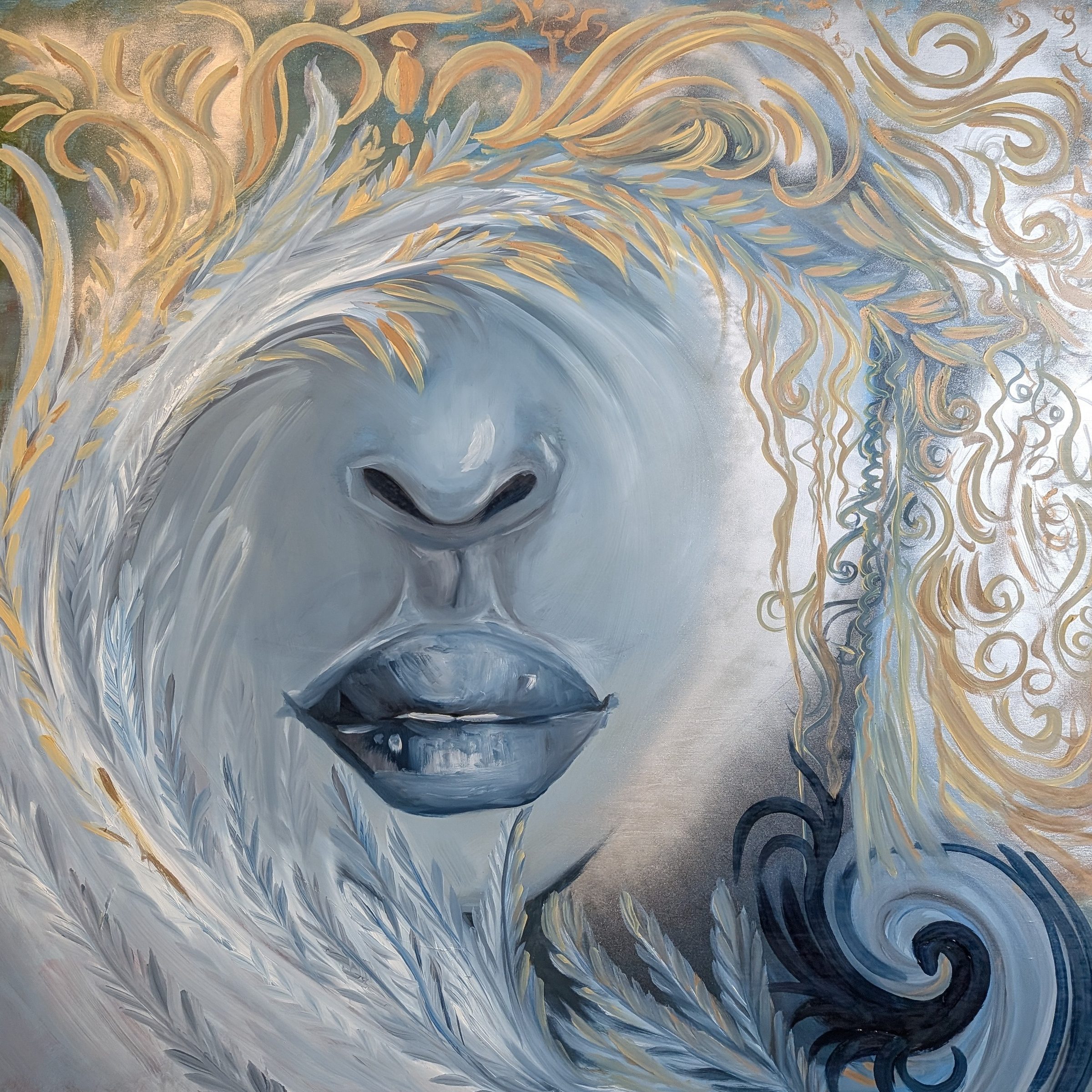 Orion, abstract painting, 3 ft × 3 ft, oil on wood board, by Joline Renn