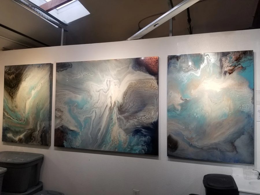 Trilogy, abstract painting, 4 ft × 11 ft, three panels, mixed media on canvas, by Joline Renn