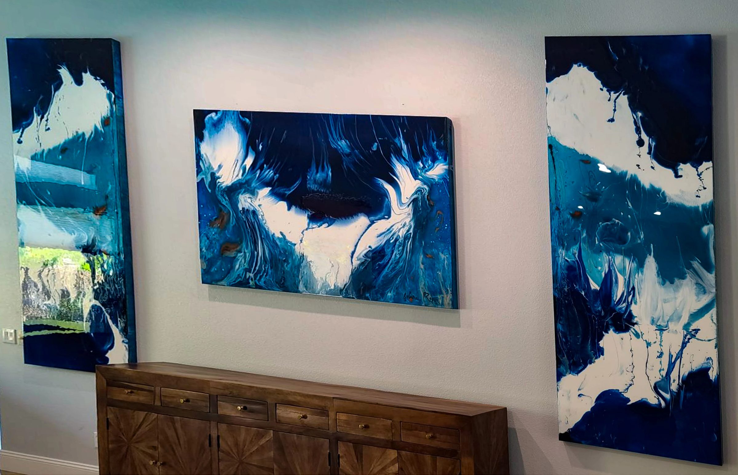 Majestic Wave, abstract painting, 5 ft × 6 ft centre panel, flanked by two 3 ft × 7 ft panels, resin and mixed media on canvas, by Joline Renn