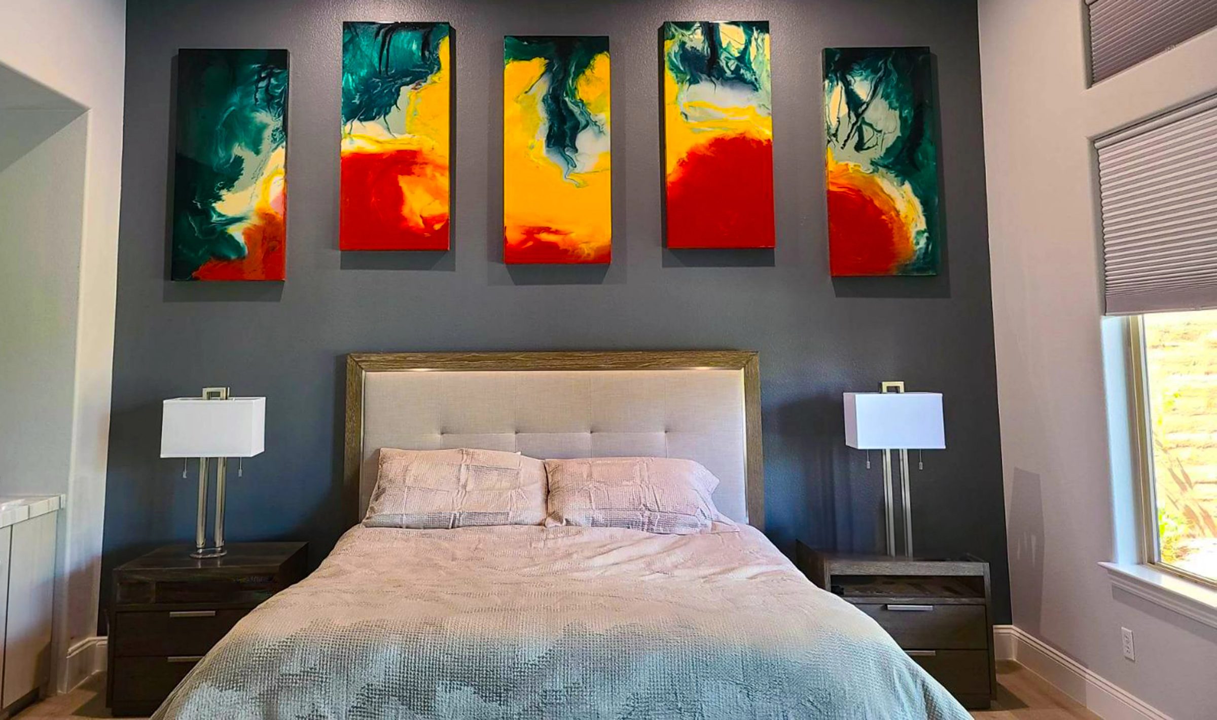 Untitled Pentaptych, abstract painting, 8 ft × 4 ft, five panels, mixed media on canvas, by Joline Renn