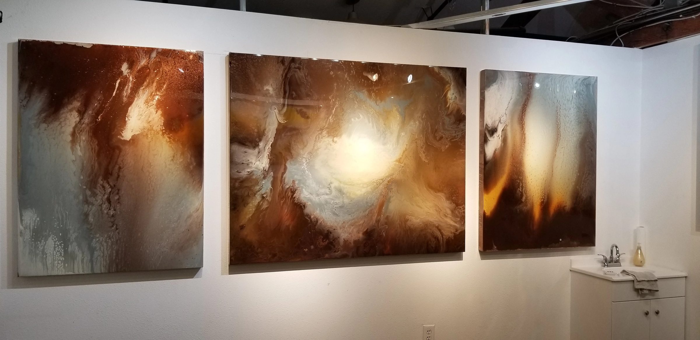Savage, abstract painting, 4 ft × 11 ft, three panels, mixed media on canvas, by Joline Renn