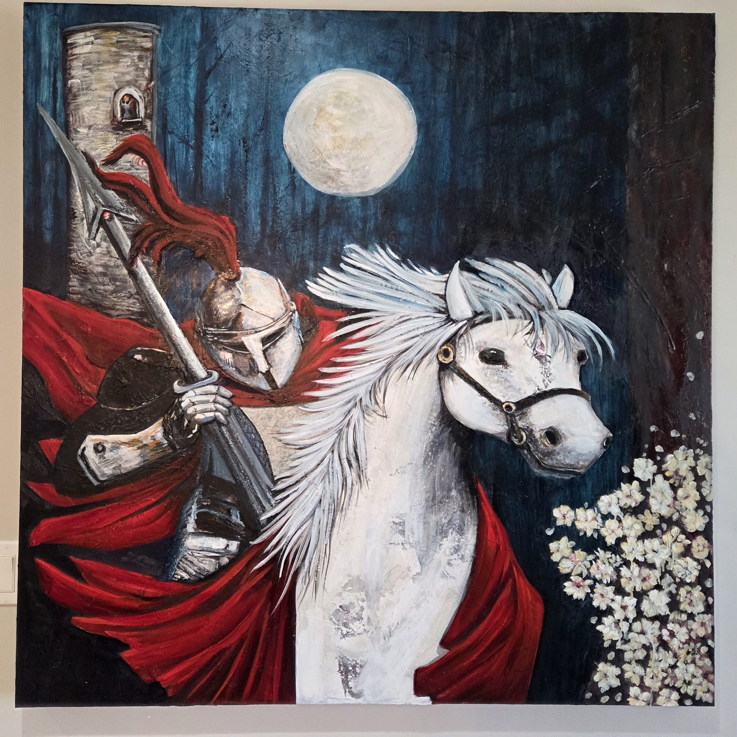 The Rider, abstract painting, 48 in × 48 in, oil on board, by Joline Renn