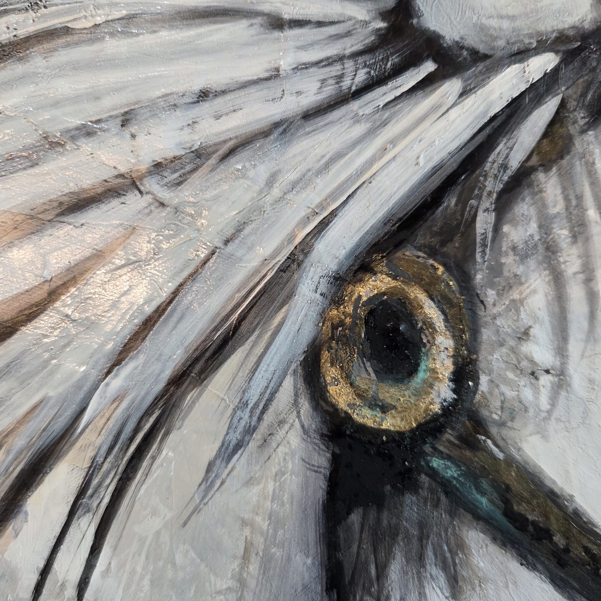 The Rider by Joline Renn — The horse’s eye — gold leaf laid around black, with turquoise beneath