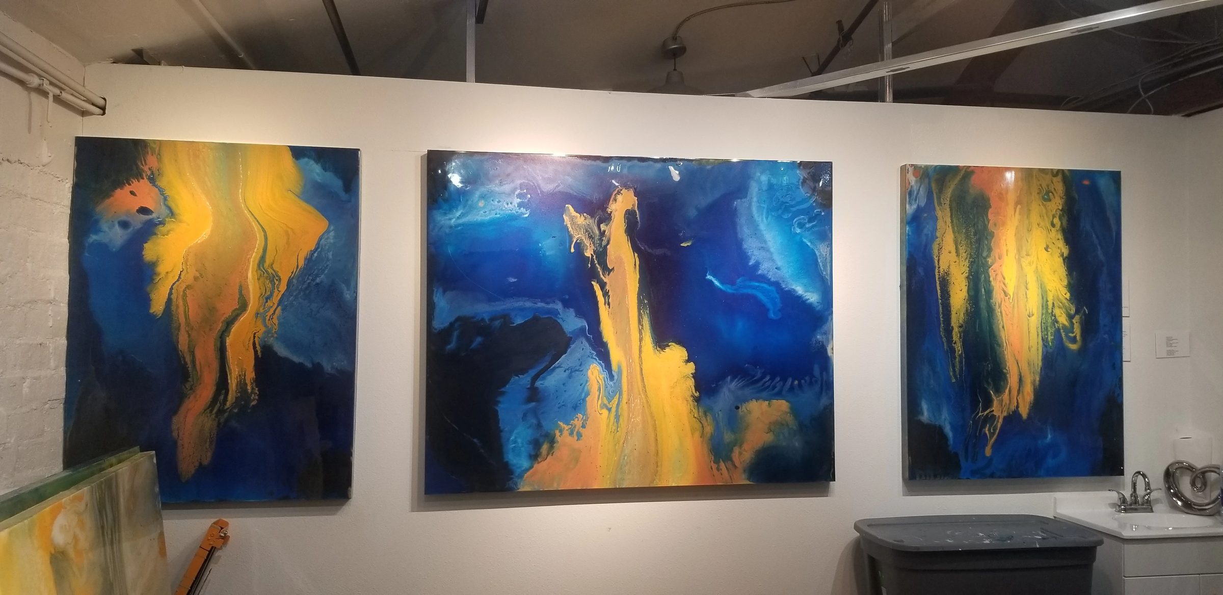 Untitled Triptych, abstract painting, resin and mixed media on canvas, by Joline Renn