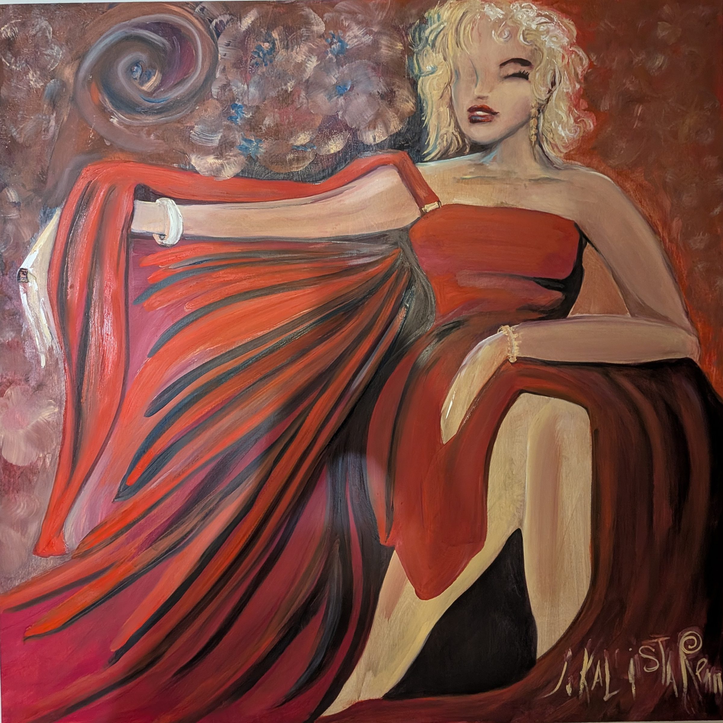 The Woman in the Red Dress, abstract painting, 3 ft × 3 ft, oil, by Joline Renn